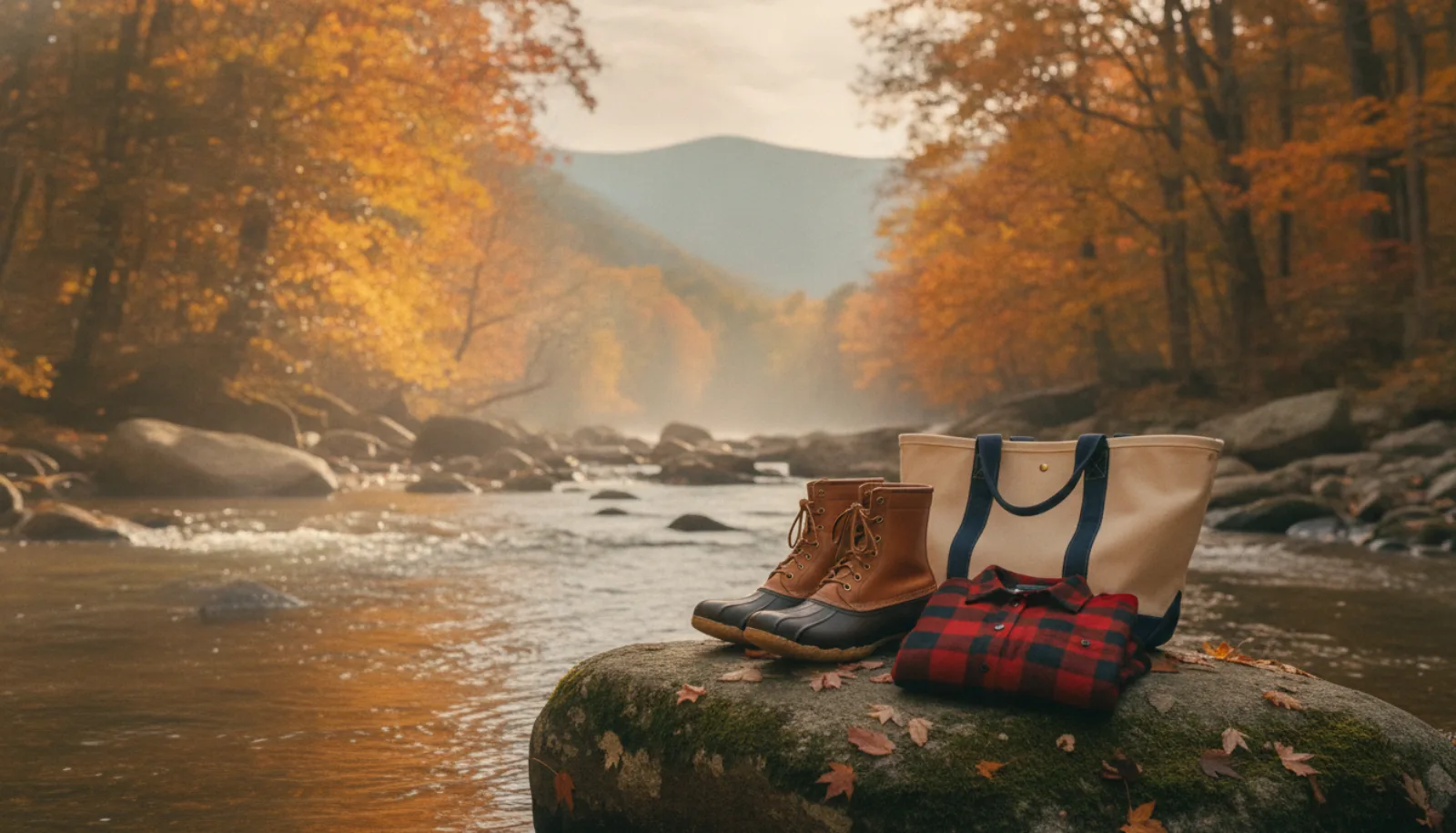 L.L.Bean boots, buffalo check flannel and canvas tote resting on a mossy boulder beside a Blue Ridge stream in autumn